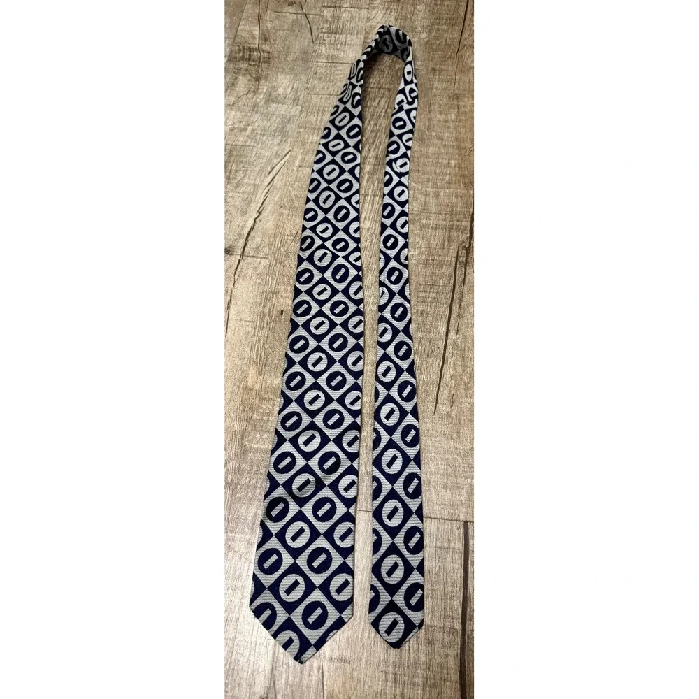 Michael Angelo Vintage Mens Geometric Tie Navy Silver Rhodia Acetate 59x4